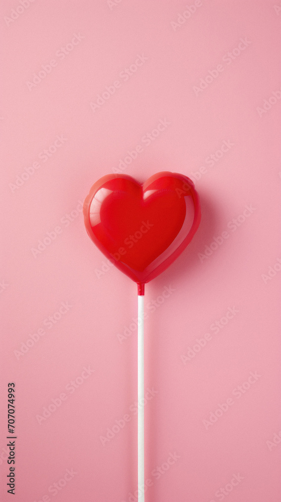 Red heart shaped lollipop on pink background. Valentines day concept.