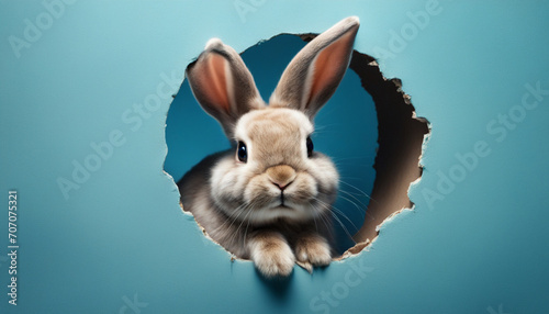 Bunny peeking out of a hole in blue wall, fluffy eared bunny. Easter bunny banner © Vita