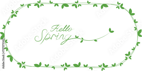 spring green leaves background. Hello spring lettering and green leaves decoration illustration. simple spring botanical illustration for seasonal promotion, event background and graphic. EPS 10