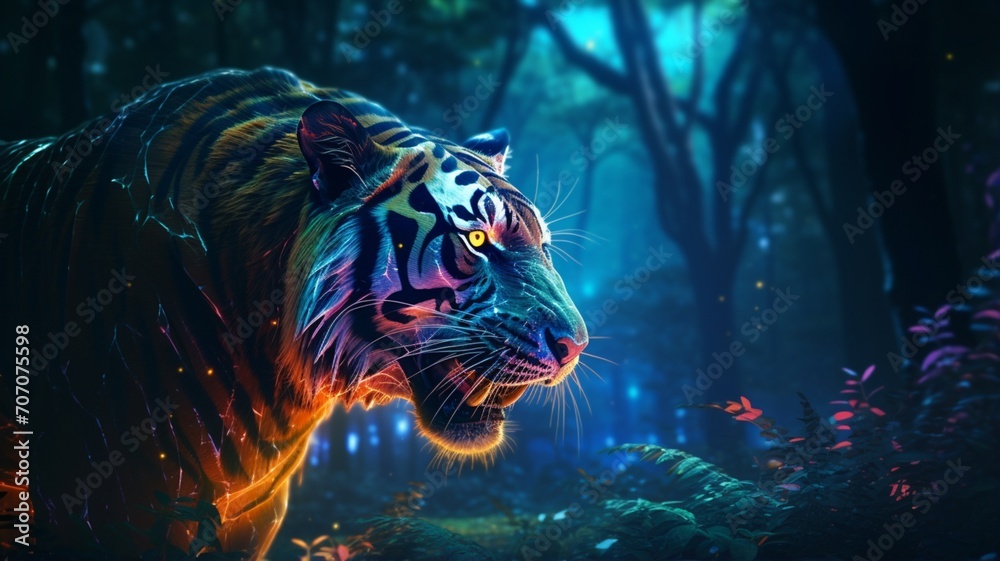Tiger walks through forest neon light illustration image Ai generated art Tiger walks through forest neon light illustration image Ai generated art