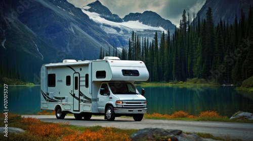 RV recreational vehicle on the edge of a cool natural lake with rocky snowy mountain background.