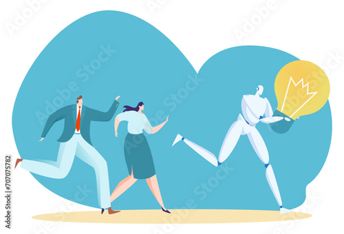 Businessman and businesswoman running from robot with lightbulb. Concept of innovation, cyber security threat, AI competition vector illustration