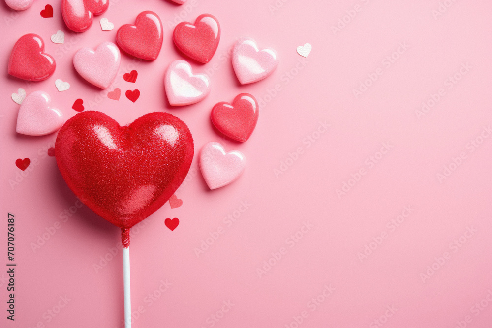 Valentines day background. Red heart lollipop on pink background.