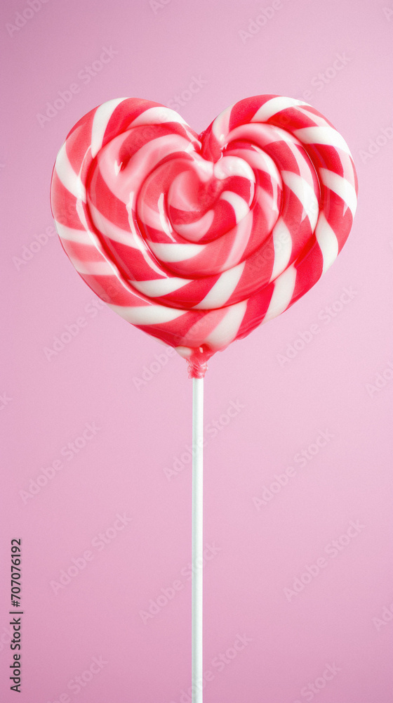 Colorful lollipop in the shape of heart on pink background.