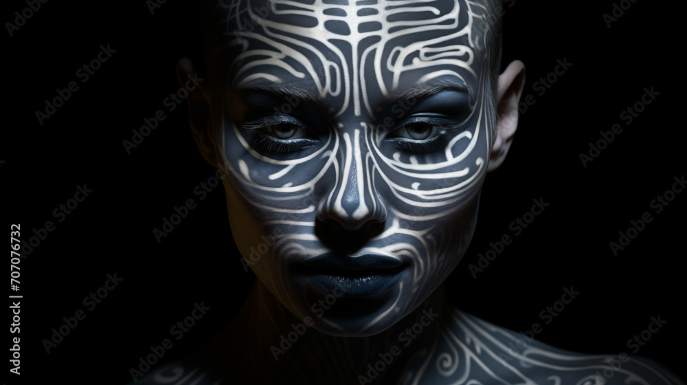 Portrait einer Frau mit abstrakter schwarz-weißer Linienmuster-Tätowierung / Bemalung im Gesicht. Nachdenklicher Blick. Beleuchtet. Fotorealistische Illustration mit schwarzem Hintergrund.
