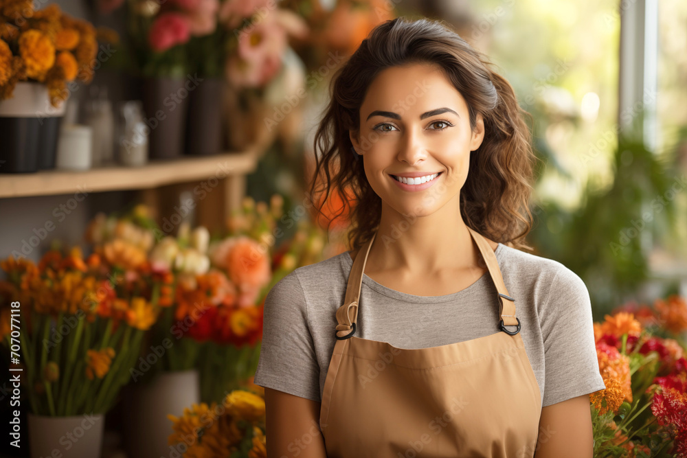 Happy Hispanic Woman in a Floral Apron Happy Hispanic Woman in a Floral Apron