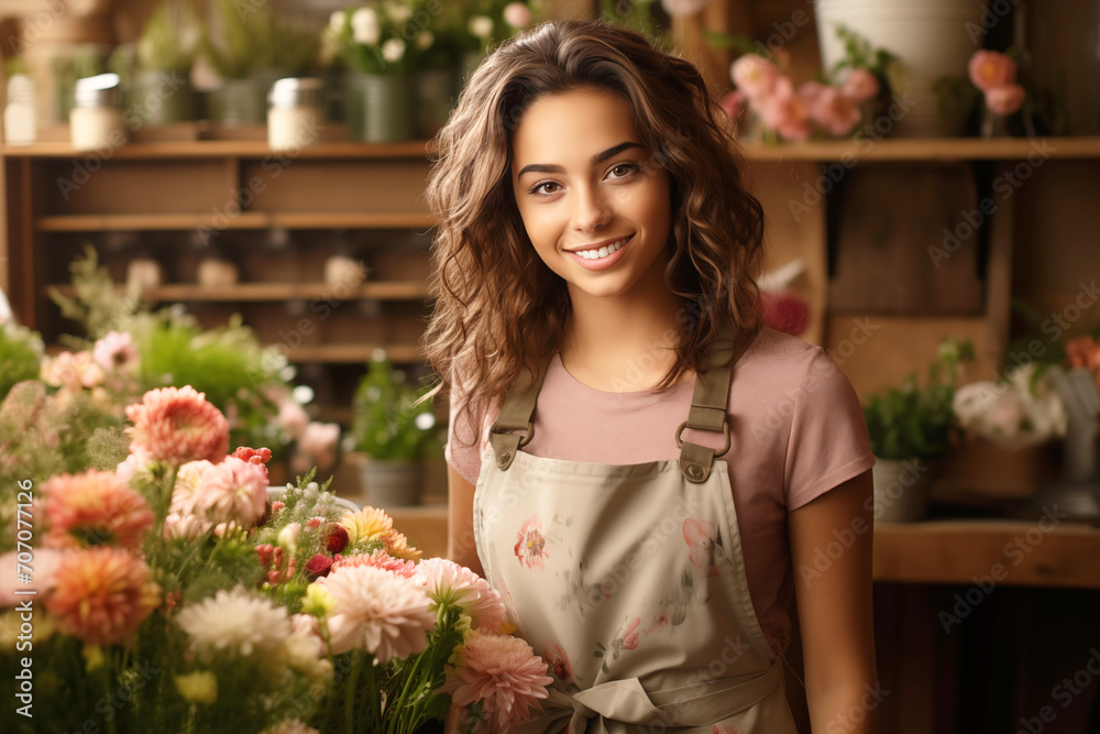 Happy Hispanic Woman in a Floral Apron