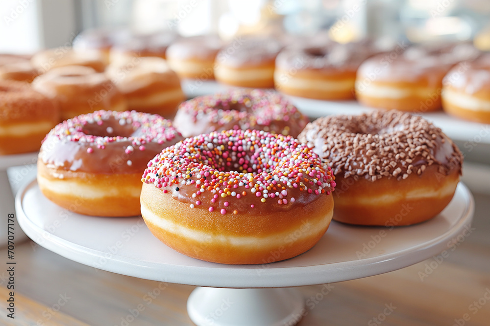 Vanilla donuts with pink icing and sprinkles on white plate, with donuts shop background. Vanilla donuts with pink icing and sprinkles on white plate, with donuts shop background.