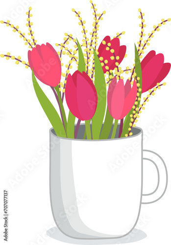 Red tulips and yellow mimosa flowers in white cup. Spring floral decoration v...