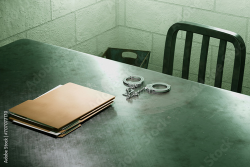 Stark Interrogation Room with Metal Table, Handcuffs, and Legal Files