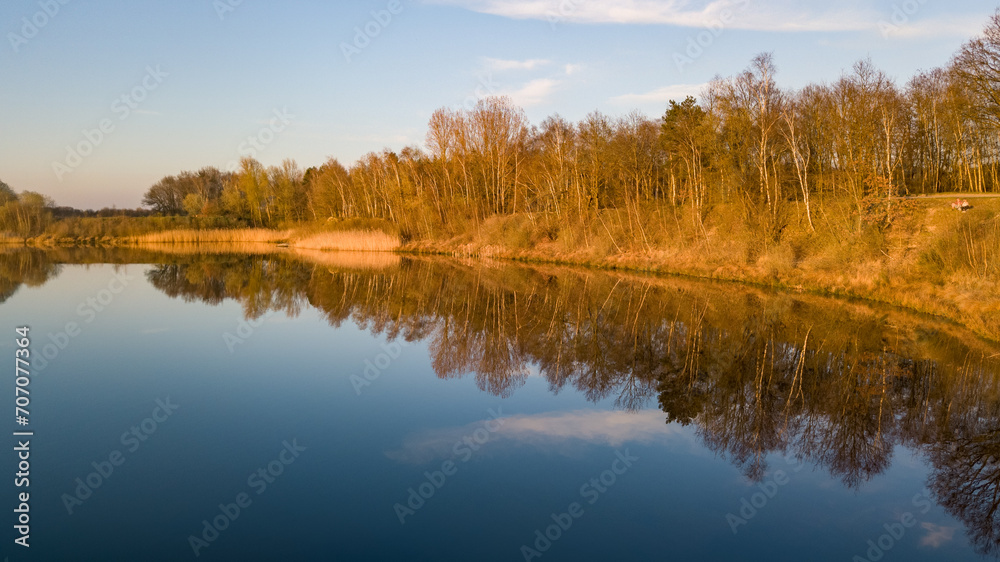 This serene image captures the calm waters of a river during the golden hour, with the warm light of the setting sun illuminating the trees and grasses along the banks. The trees, stripped of their