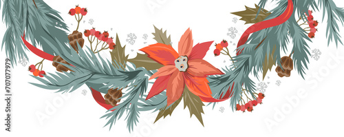 Christmas banner background with fir branches garland for greeting holiday cards and posters design, hand drawn illustration. Xmas traditional garland with poinsettia.