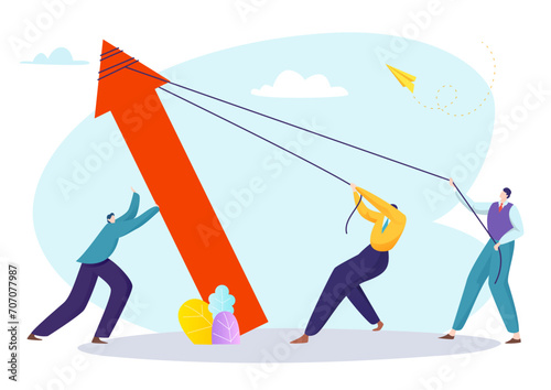 Three people are pulling and pushing a large arrow upwards. A figure takes flight with a paper plane, symbolizing new ideas or goals. Teamwork and success concept vector illustration
