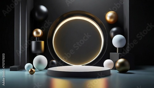 Podium with geometrical figures and balls for product promotion