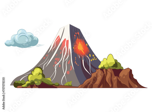 Volcano of colorful set. This cartoon volcano scene demonstrate a delightful cloud of smoke and adds a touch of whimsy. Vector illustration.