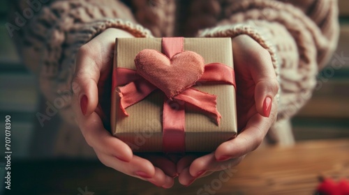 First person top view photo of girl's hands holding craft paper gift box with red satin ribbon bow and hearth shape  photo