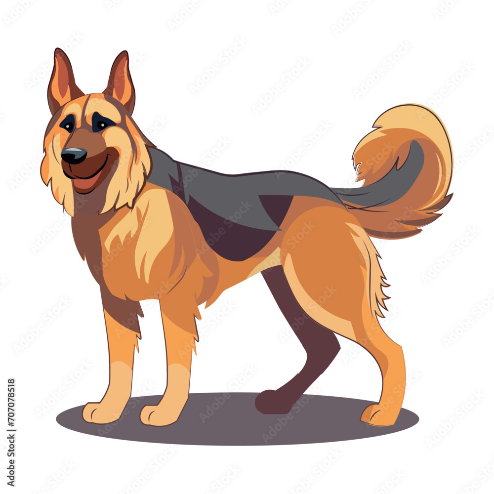 Dog of colorful set. This charming illustration showcases a cartoon-style German Shepherd, capturing the essence of this beloved breed with a touch of whimsy. Vector illustration.
