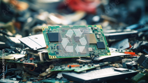 Waste full of electronics, recycling, E-waste heap from discarded laptop parts, electronics industry, eco, sorting and disposal of electronic waste concept, blurred image