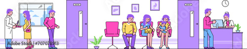 People waiting in hospital reception area, a doctor consulting a patient. Mother and child seating, man talking to receptionist. Healthcare access and patient visit vector illustration.