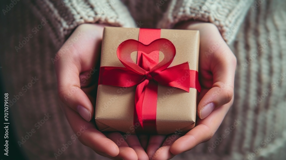 First person top view photo of girl's hands holding craft paper gift box with red satin ribbon bow and hearth shape First person top view photo of girl's hands holding craft paper gift box with red satin ribbon bow and hearth shape