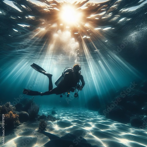 A diver swimming under the sea with sun rays shining on them. © Jex