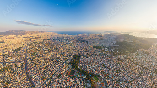 Athens, Greece. Panorama of the capital of Greece during sunset. Roofs of houses. Aerial view