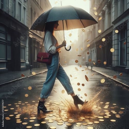 A woman holding an umbrella walks down a street with coins falling around her.