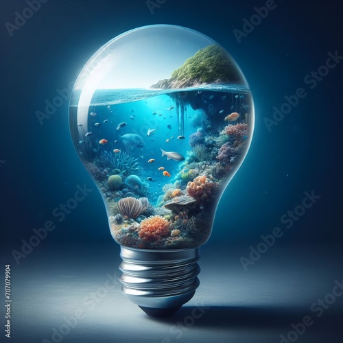 A light bulb with a coral reef inside it, illuminated from within.
