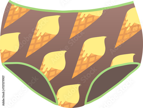 Ice cream cone pattern on women's underwear. Stylish female briefs with summer dessert print. Cute and quirky clothing design vector illustration.