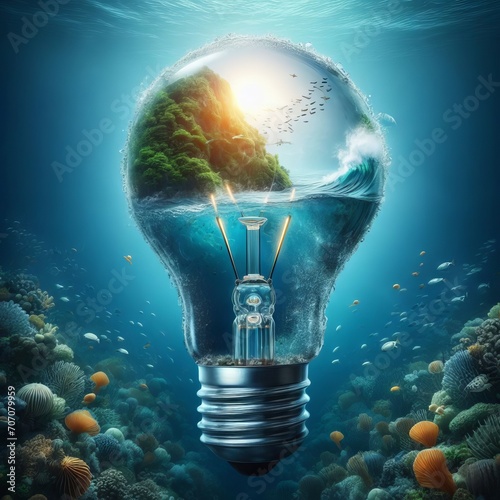 Light bulb with a green planet inside of it, surrounded by ocean waves and sea creatures.