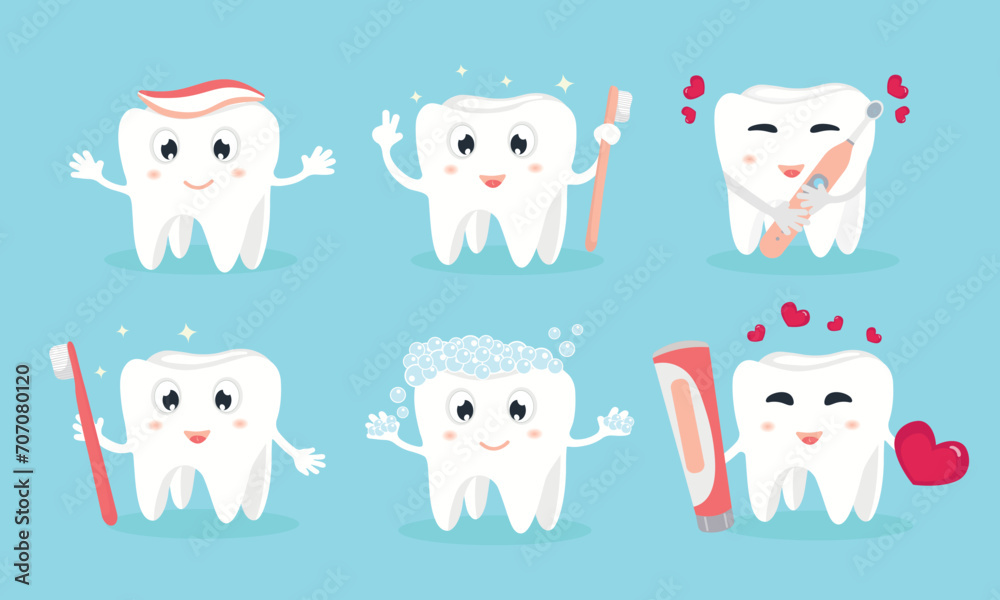 Obraz premium Cute cartoon tooth emoticons set. Cute tooth with different facial expressions. Dentist office, dental healthcare concept, oral hygiene. Orthodontics clinic vector illustration.