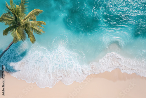 Top view of beautiful tropical white sand beach with coconut tree Summer vacation and travel concept