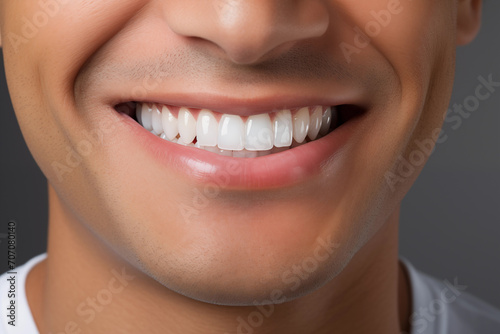 Smile  mouth and teeth whitening of man on grey background. Closeup male face with clean dental