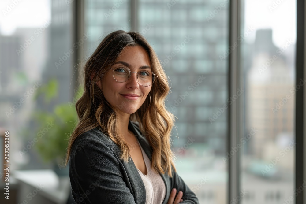 Confident female entrepreneur in a modern office, with a skyline view, against a sophisticated grey background. Confident female entrepreneur in a modern office, with a skyline view, against a sophisticated grey background.