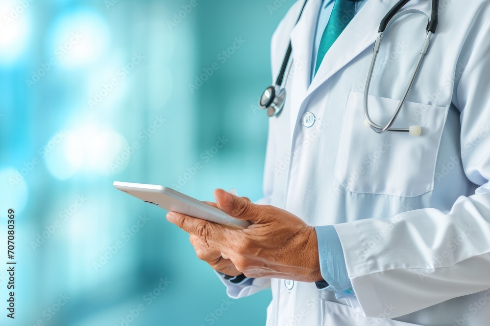 Doctor discussing diagnosis, with a digital tablet, against a calming sky blue background.. Doctor discussing diagnosis, with a digital tablet, against a calming sky blue background..
