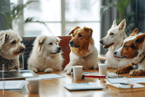 Funny dogs with teamwork meeting. Business dogs in office workplace. photo
