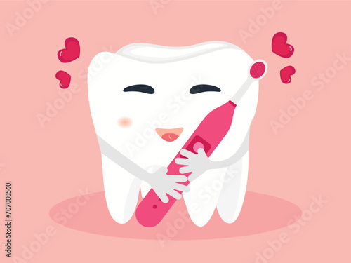 Cute cartoon emoji with teeth. Cute cartoon tooth huggers happily hugging with a toothbrush. Dentist office, dental healthcare concept, oral hygiene. Orthodontic clinic vector illustration.