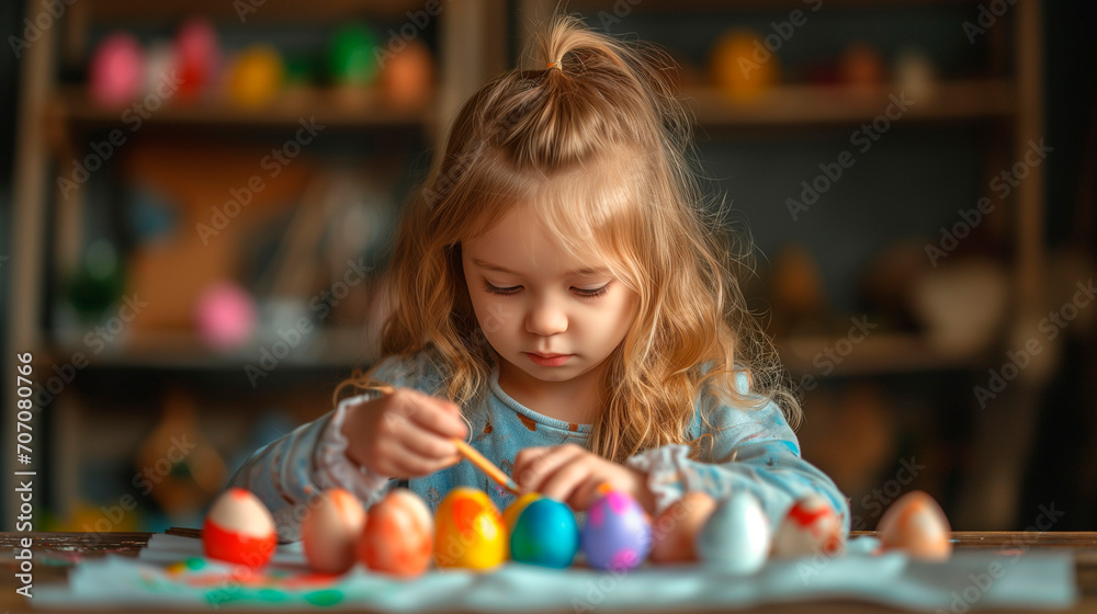 Pretty little girl coloring Easter eggs at home at the table. The family is getting ready to celebrate Easter. Pretty little girl coloring Easter eggs at home at the table. The family is getting ready to celebrate Easter.