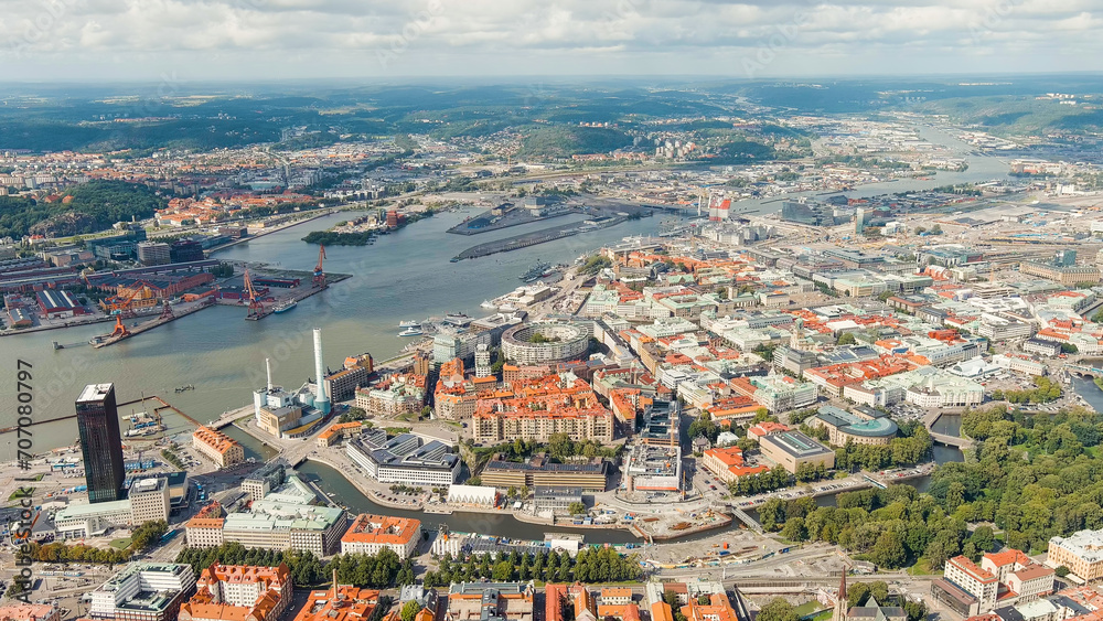 Gothenburg, Sweden. River Gota Alv and Rosenlund Canal. Panoramic view of the central part of the city. Summer day. Cloudy weather, Aerial View