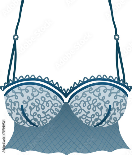 Lacy blue bra with patterned cups and straps. Elegant underwear clothing item. Woman fashion lingerie vector illustration.