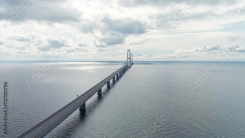 Korser, Denmark. Great Belt Bridge (Storeb?lt). Cloudy weather with gaps, Aerial View photo