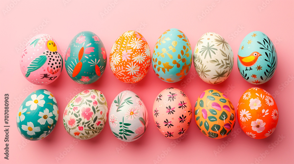 Many Easter eggs on pastel background hand painted. The concept of Easter celebration. Top view.