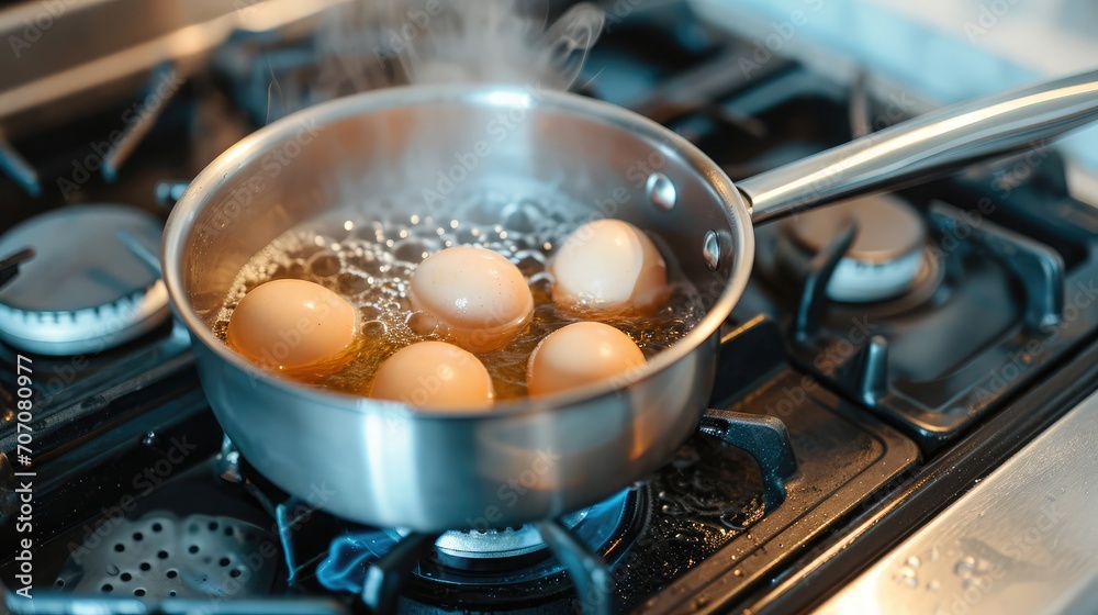 Saucepan with boiling eggs on a gas stove Saucepan with boiling eggs on a gas stove