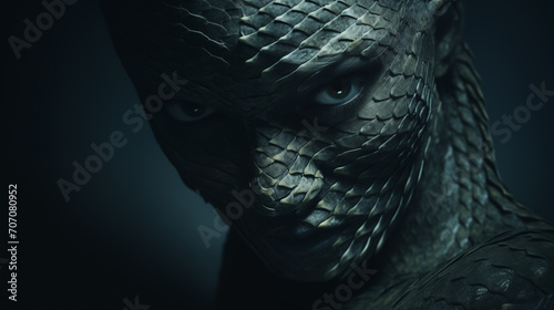 Kopf eines Menschen mit Schlangenhaut. Herausfordernder mysteriöser Blick. Halb im Schatten. Düstere Illustration in dunklen Farben
