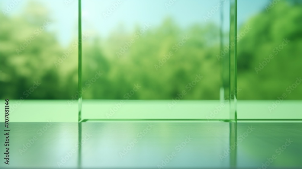 Minimal style mockup for product presentation. Ribbed glass podium on green garden background. 3d rendering illustration. Clipping path of each element included. Minimal style mockup for product presentation. Ribbed glass podium on green garden background. 3d rendering illustration. Clipping path of each element included.