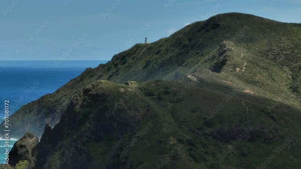 Aerial: Lighthouse at Cape Reinga, Northland, New Zealand. Aerial: Lighthouse at Cape Reinga, Northland, New Zealand.