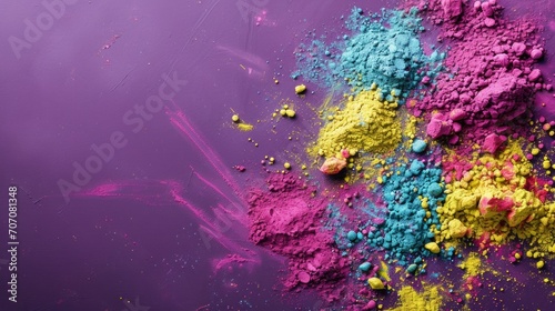 Colorful holi powder in bowls on color background with copy space. top view. Holi Celebration. Holi Concept. Indian Concept.