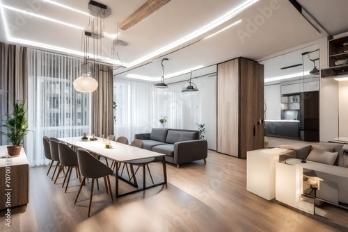 Living room with kitchen site and dining-table in renovated apartment with modern LED lighting in Sofia  Bulgaria