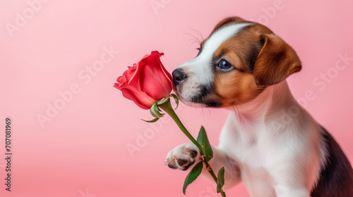 Cute adorable puppy holding a red rose in his paw on a blurred pastel background.