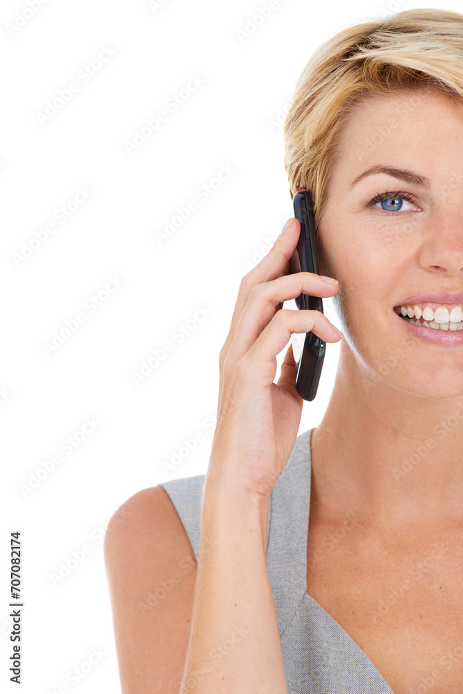 Businesswoman, phone call and conversation in studio portrait, communication and smile by white background. Happy female person, half face and smartphone for networking, discussion and technology Businesswoman, phone call and conversation in studio portrait, communication and smile by white background. Happy female person, half face and smartphone for networking, discussion and technology